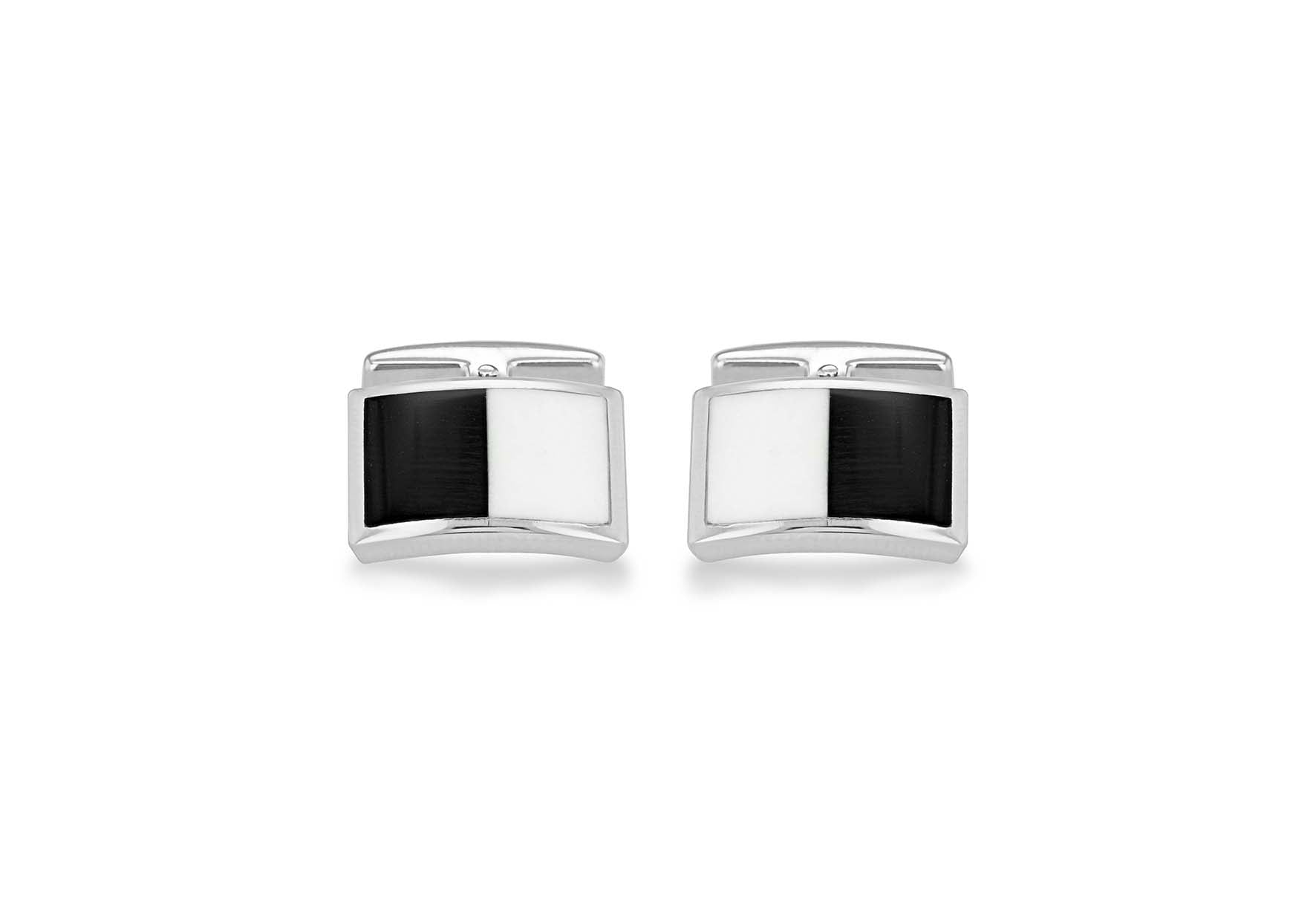 Hoxton London Men's Sterling Silver and Black and White Agate Retangle Cufflinks