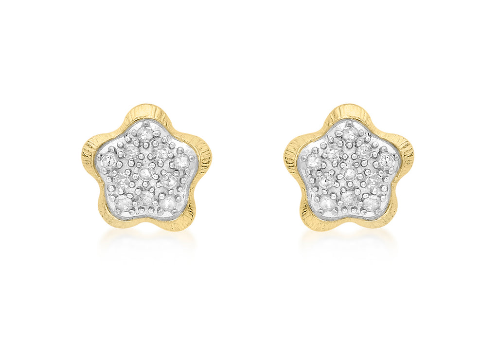 9ct Yellow Gold 0.17t Diamond Pave Set Flower Stud Earrings
