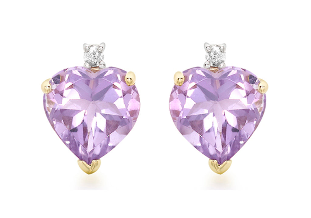 9ct Yellow Gold 0.03t Diamond and Amethyst Heart Stud Earrings