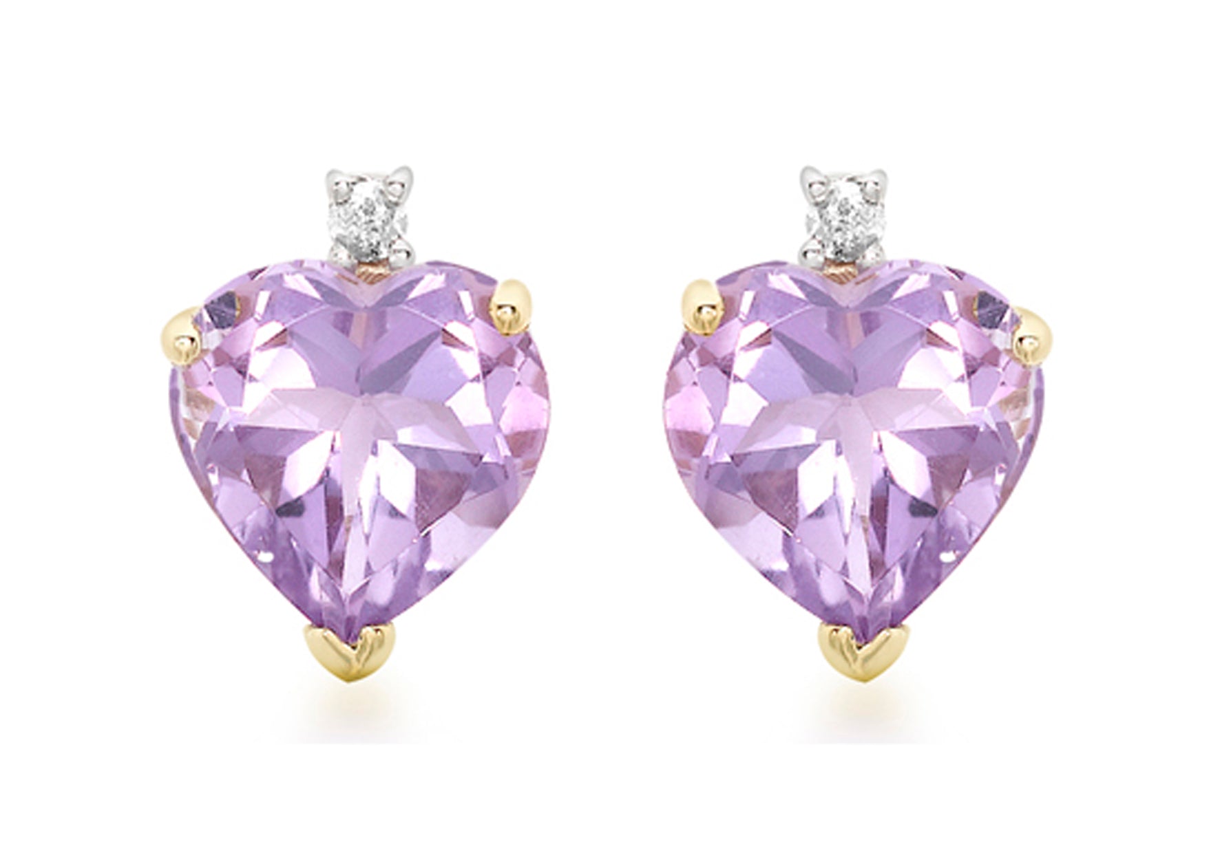 9ct Yellow Gold 0.03t Diamond and Amethyst Heart Stud Earrings