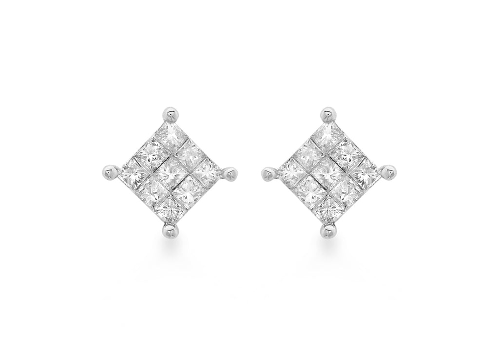 9ct White Gold 0.25t Diamond 5mm x 5mm Square Stud Earrings